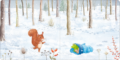 Gezeigt wird eine Innen- oder Zusatzansicht von „Der verlorene Handschuh“. Die Illustration zeigt eine winterliche Waldlandschaft mit schneebedecktem Boden und hohen, schmalen Bäumen im Hintergrund. Ein putziges Eichhörnchen läuft auf der linken Seite, während ein fröhlicher Frosch in einer blauen Decke auf der rechten Seite liegt. Die Farbpalette umfasst sanfte Weiß- und Grautöne mit Akzenten in warmen Rottönen und lebhaftem Blau. Die Typografie ist kindgerecht und verspielt...