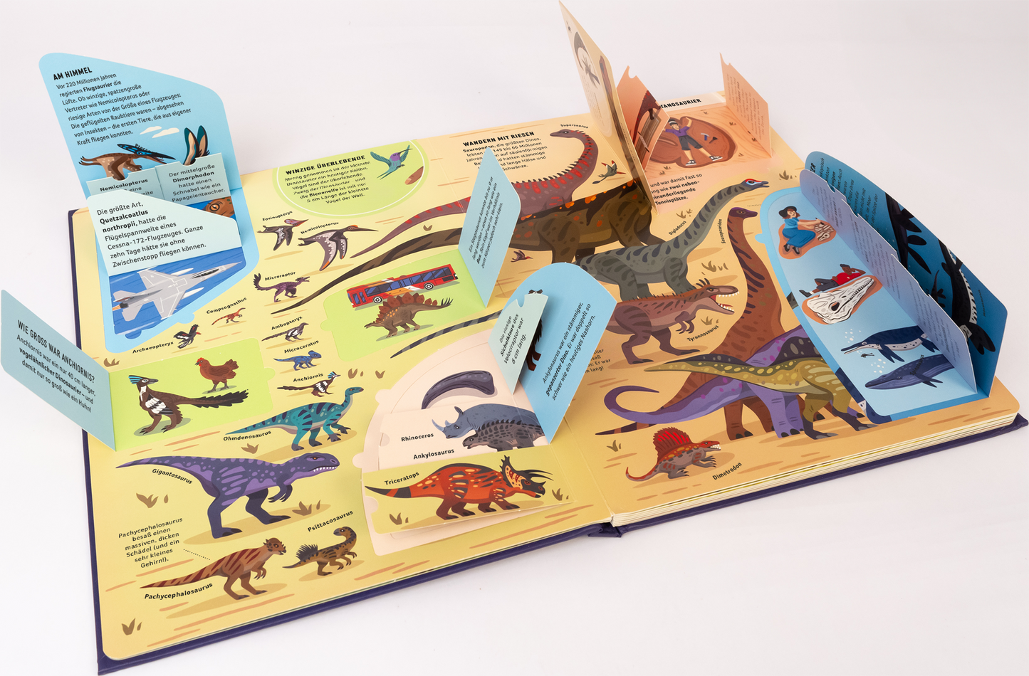Gezeigt wird eine Innen- oder Zusatzansicht von „Dinosaurier“. Die offene Buchseite zeigt eine lebendige Illustration von verschiedenen Dinosauriern in einer bunten Landschaft. Die Hauptfarben sind Gelb, Grün, Blau und Lila. Faltkarten seitlich enthalten informative Texte in klarer, gut lesbarer Schrift. Die Typografie ist spielerisch gestaltet, um das Interesse von Kindern zu wecken. Verschiedene Dinosaurier sind in unterschiedlichen Posen abgebildet, was die Vielfalt der Arten betont.