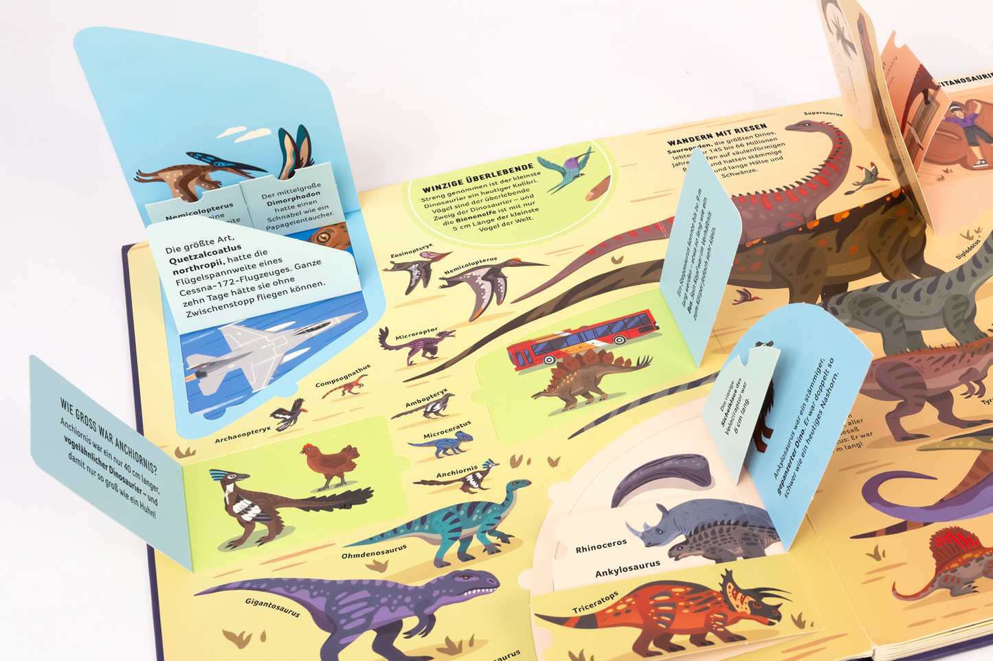 Gezeigt wird eine Innenansicht von „Dinosaurier“. Die Seite präsentiert eine lebendige, farbenfrohe Darstellung verschiedener Dinosaurierarten auf einem hellen Hintergrund. Klappkarten in sanften Blau- und Grüntönen enthalten kurze informative Texte. Die Typografie ist klar und gut lesbar, mit variierenden Schriftgrößen, die wichtige Informationen hervorheben. Illustrationen zeigen Dinosaurier in unterschiedlichen Posen, um das Thema anschaulich zu vermitteln.