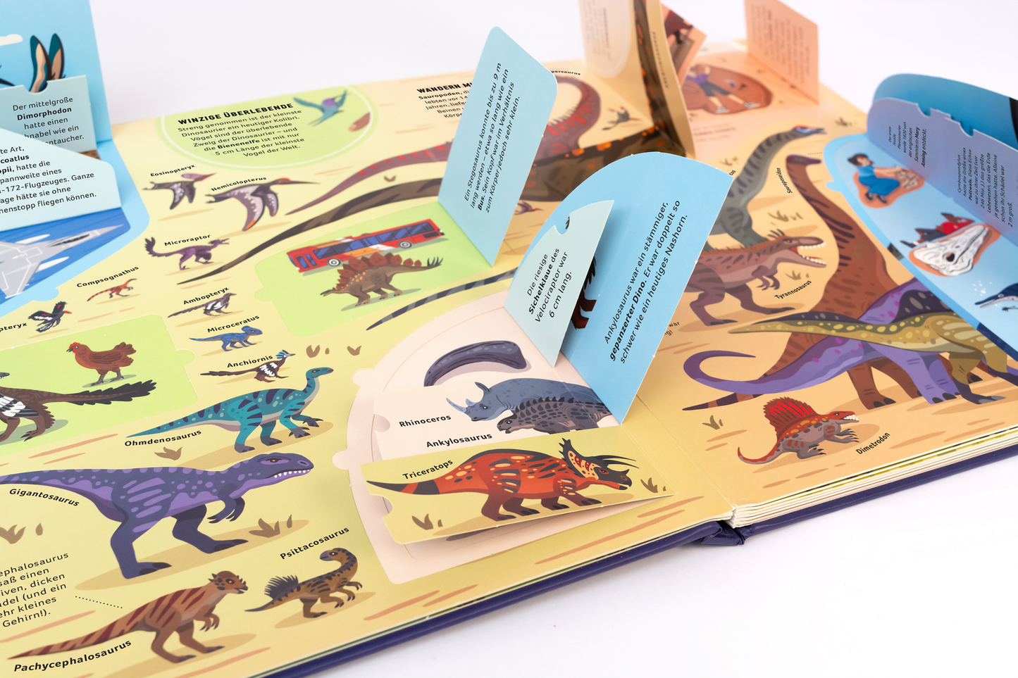 Gezeigt wird eine Innenansicht von „Dinosaurier“. Die Seite ist hellgelb mit zahlreichen bunten Illustrationen von verschiedenen Dinosaurierarten in lebhaften Farben, darunter Blau, Rot, Lila und Grün. Pop-up-Elemente und kleinere Klappen mit Informationen sind in sanften Pastelltönen gestaltet. Die Typografie ist klar und gut lesbar, mit großen, auffälligen Überschriften und informativen Texten in einer freundlichen Schriftart.