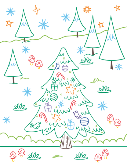 Gezeigt wird eine Innen- oder Zusatzansicht von „Zauberbilder – Adventskalender“. Die Illustration zeigt einen freundlichen, stilisierten Weihnachtsbaum in sanften Grüntönen, geschmückt mit bunten Ornamenten wie Sternen, Kugeln und Zuckerstangen. Im Hintergrund sind einfache, skizzierte Tannenbäume sowie farbenfrohe Schneeflocken und Pilze zu sehen.