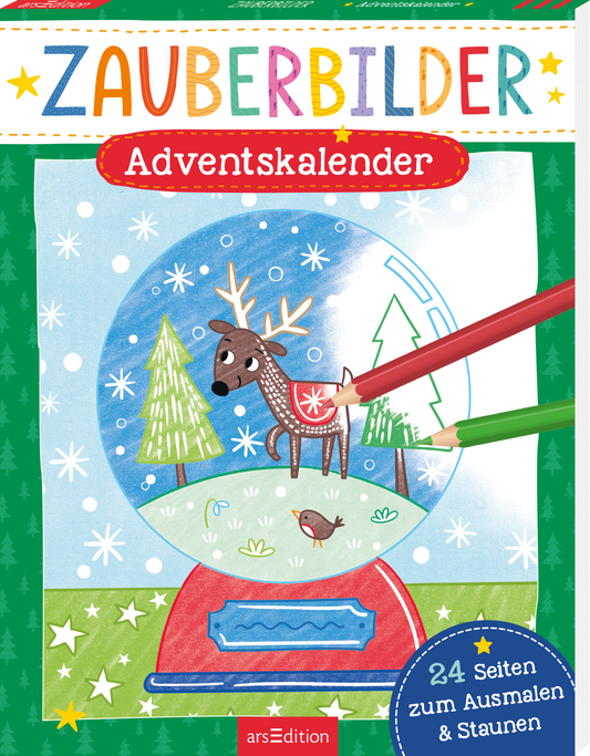 Zu sehen ist die 3D-Ansicht des Titels. Das Buchcover zeigt eine bunte Schneekugel mit einem fröhlichen Reh darin, umgeben von stilisierten Tannenbäumen. Die Farben sind lebhaft, mit einem dominierenden Blau für den Hintergrund und einem kräftigen Rot für das Banner mit der Aufschrift „Adventskalender“. Der Titel „ZAUBERBILDER“ ist in bunten, unterschiedlich gestalteten Buchstaben oben platziert. Rechts unten befindet sich ein kreisförmiger Hinweis mit dem Text „24 Seiten zum...