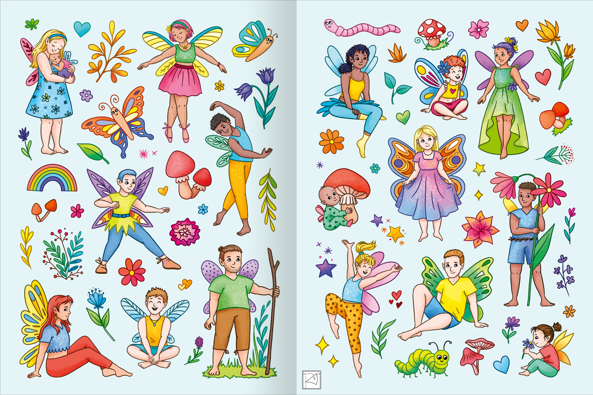 Gezeigt wird eine Innen- oder Zusatzansicht von „Mein schillerndes Stickerheft – Fantastische Feenwelt“. Die Seite zeigt eine Vielzahl bunter Feen und Kinder in fantasievollen Posen, umgeben von Blumen, Pilzen und weiteren Naturmotiven. Die Farben sind lebhaft und fröhlich, mit viel Grün, Rosa, Blau und Gelb. Die Typografie ist verspielt und umfasst liebevolle Details, die die verspielte Thematik unterstreichen.