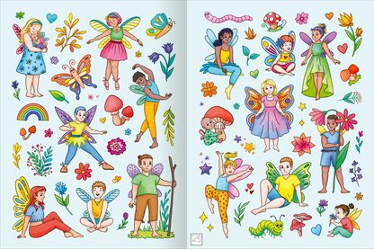 Gezeigt wird eine Innen- oder Zusatzansicht von „Mein schillerndes Stickerheft – Fantastische Feenwelt“. Die Seite zeigt eine Vielzahl bunter Feen und Kinder in fantasievollen Posen, umgeben von Blumen, Pilzen und weiteren Naturmotiven. Die Farben sind lebhaft und fröhlich, mit viel Grün, Rosa, Blau und Gelb. Die Typografie ist verspielt und umfasst liebevolle Details, die die verspielte Thematik unterstreichen.