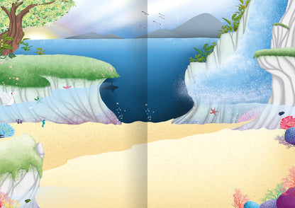 Gezeigt wird eine Innen- oder Zusatzansicht von „Das superdicke Stickerheft – Zauberhafte Welten“. Die Illustration zeigt eine farbenfrohe Küstenlandschaft mit sanften, grünen Hügeln und kristallblauem Wasser. In der Mitte erstreckt sich ein sandiger Strand mit bunten Korallen und kleinen stilisierten Lebewesen. Am rechten Rand plätschert ein Wasserfall in das Wasser. Der Himmel ist hellblau mit zarten Wolken und fliegenden Vögeln, was eine friedliche, magische Atmosphäre erzeugt.