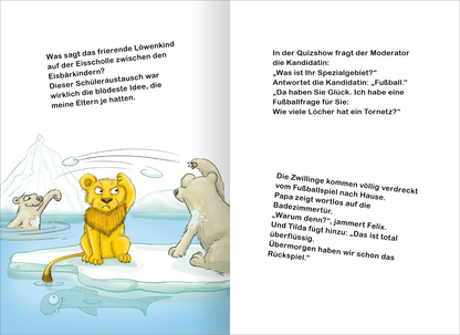 Gezeigt wird eine Innen- oder Zusatzansicht von „Das superlustige Witzebuch für Erstleser“. Auf der linken Seite ist ein verärgert dreinblickendes Löwenkind abgebildet, das auf einer Eisscholle sitzt und versucht sich vor Schneebällen zu schützen, die zwei Eisbärenkinder werfen. Der Text ist in klarer, gut lesbarer Schrift in Schwarz gehalten.