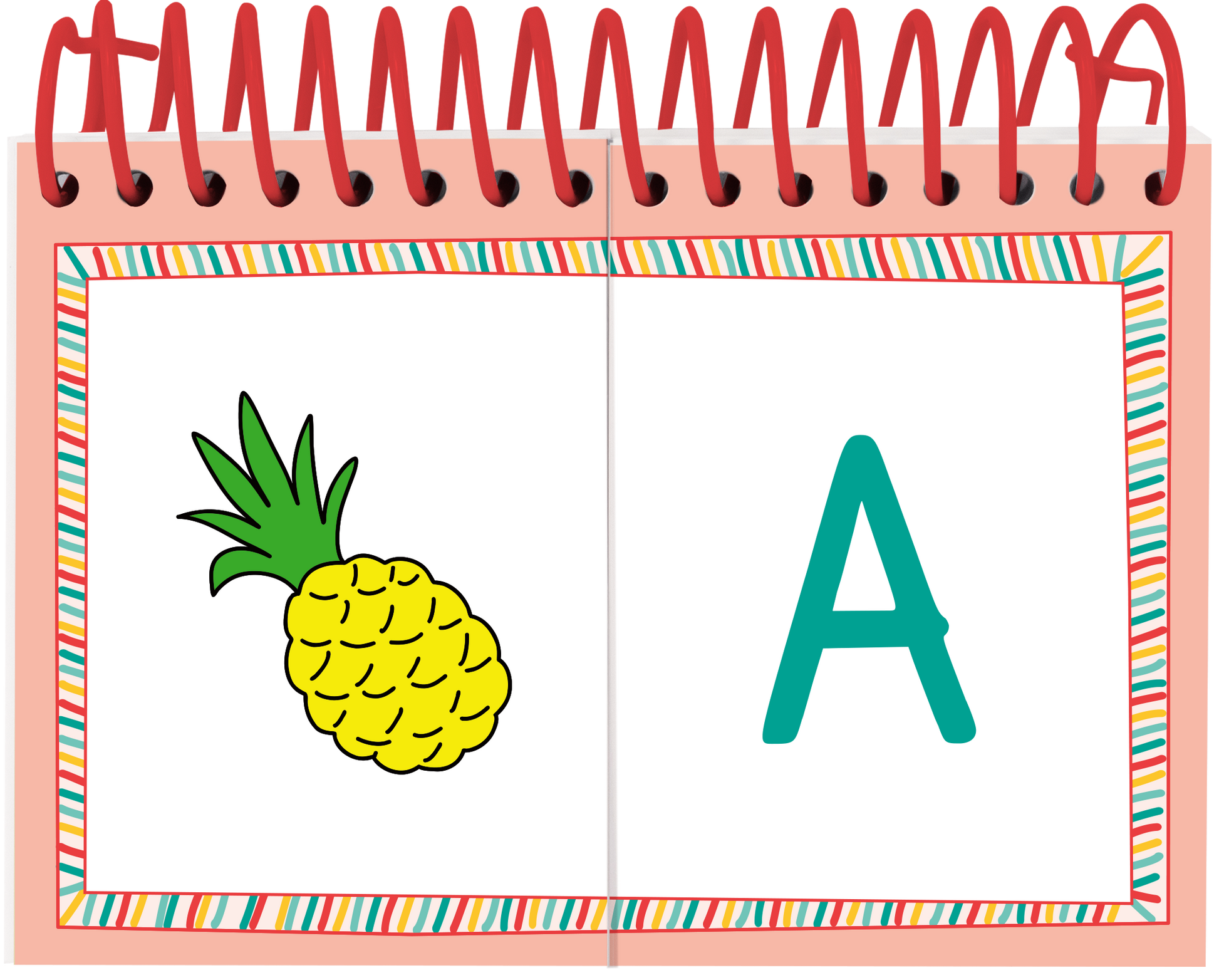 Gezeigt wird eine Innen- oder Zusatzansicht von „Lernraupe – Mix-Max Erste Buchstaben“. Auf der linken Seite ist eine gelbe Ananas abgebildet, umgeben von grünen Blättern. Auf der rechten Seite steht der große, türkisfarbene Buchstabe „A“ in einer klaren, kinderfreundlichen Schrift. Der Hintergrund ist weiß, eingerahmt von einem bunten Rand mit diagonalem Streifenmuster. Das Gesamtbild vermittelt eine fröhliche und einladende Atmosphäre für Lernende.
