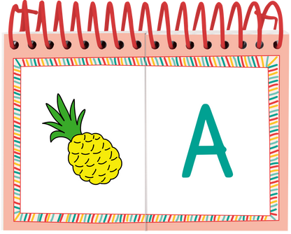 Gezeigt wird eine Innen- oder Zusatzansicht von „Lernraupe – Mix-Max Erste Buchstaben“. Auf der linken Seite ist eine gelbe Ananas abgebildet, umgeben von grünen Blättern. Auf der rechten Seite steht der große, türkisfarbene Buchstabe „A“ in einer klaren, kinderfreundlichen Schrift. Der Hintergrund ist weiß, eingerahmt von einem bunten Rand mit diagonalem Streifenmuster. Das Gesamtbild vermittelt eine fröhliche und einladende Atmosphäre für Lernende.