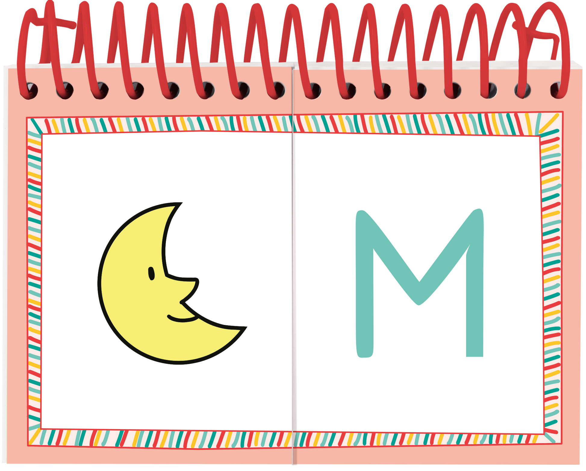 Gezeigt wird eine Innen- oder Zusatzansicht von „Lernraupe – Mix-Max Erste Buchstaben“. Auf der linken Seite befindet sich ein fröhlicher gelber Mond mit einem lächelnden Gesicht, während auf der rechten Seite der Buchstabe „M“ in sanftem Türkis dargestellt ist. Der Hintergrund ist weiß und von einem bunten, gestreiften Rahmen umgeben. Die rote Spirale oben verleiht dem Ganzen eine verspielte Note. Die Schrift ist klar und gut lesbar, optimal für das Lernen der ersten Buchstaben.
