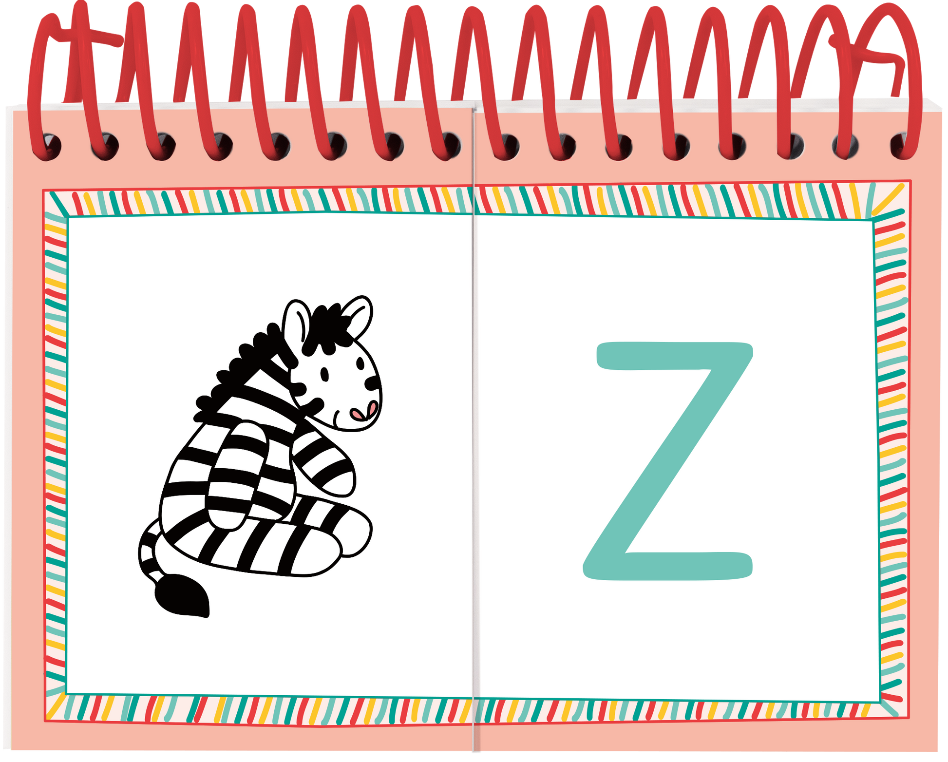 Gezeigt wird eine Innen- oder Zusatzansicht von „Lernraupe – Mix-Max Erste Buchstaben“. Auf einer aufklappbaren Seite ist ein schwarz-weiß gestreiftes Zebra abgebildet, das sitzend dargestellt wird. Rechts daneben befindet sich der Buchstabe „Z“ in einer freundlichen, mintgrünen Schriftfarbe. Der Hintergrund der Seite ist in sanften Pastellfarben gestaltet und wird von einem bunten, gestreiften Rahmen umgeben. Die Spirale am oberen Rand verleiht dem Produkt eine spielerische Note.