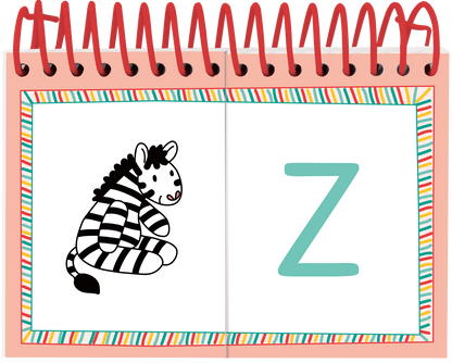 Gezeigt wird eine Innen- oder Zusatzansicht von „Lernraupe – Mix-Max Erste Buchstaben“. Auf einer aufklappbaren Seite ist ein schwarz-weiß gestreiftes Zebra abgebildet, das sitzend dargestellt wird. Rechts daneben befindet sich der Buchstabe „Z“ in einer freundlichen, mintgrünen Schriftfarbe. Der Hintergrund der Seite ist in sanften Pastellfarben gestaltet und wird von einem bunten, gestreiften Rahmen umgeben. Die Spirale am oberen Rand verleiht dem Produkt eine spielerische Note.