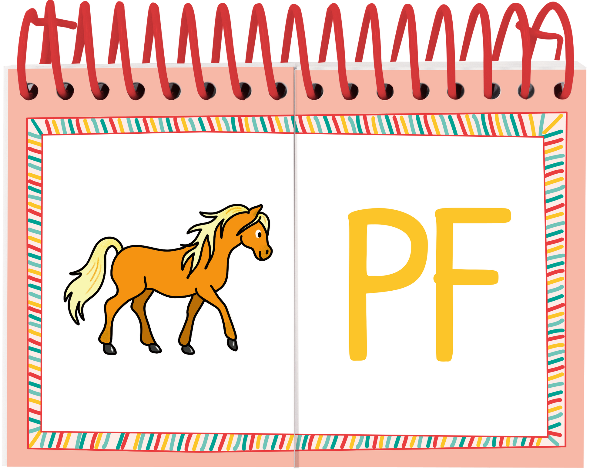Gezeigt wird eine Innen- oder Zusatzansicht von „Lernraupe – Mix-Max Erste Buchstaben“. Die Seite zeigt eine Illustration eines Pferdes in orange mit einer weißen Mähne links. Rechts daneben ist der Buchstabe „PF“ in leuchtendem Gelb dargestellt. Der Hintergrund ist in sanften Pastellfarben gehalten und von einem bunten, gestreiften Rahmen umgeben. Die Spirale oben verleiht der Ansicht eine verspielte Note.