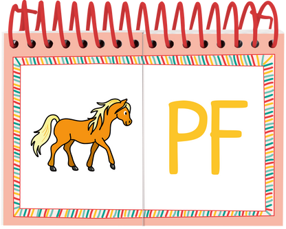Gezeigt wird eine Innen- oder Zusatzansicht von „Lernraupe – Mix-Max Erste Buchstaben“. Die Seite zeigt eine Illustration eines Pferdes in orange mit einer weißen Mähne links. Rechts daneben ist der Buchstabe „PF“ in leuchtendem Gelb dargestellt. Der Hintergrund ist in sanften Pastellfarben gehalten und von einem bunten, gestreiften Rahmen umgeben. Die Spirale oben verleiht der Ansicht eine verspielte Note.