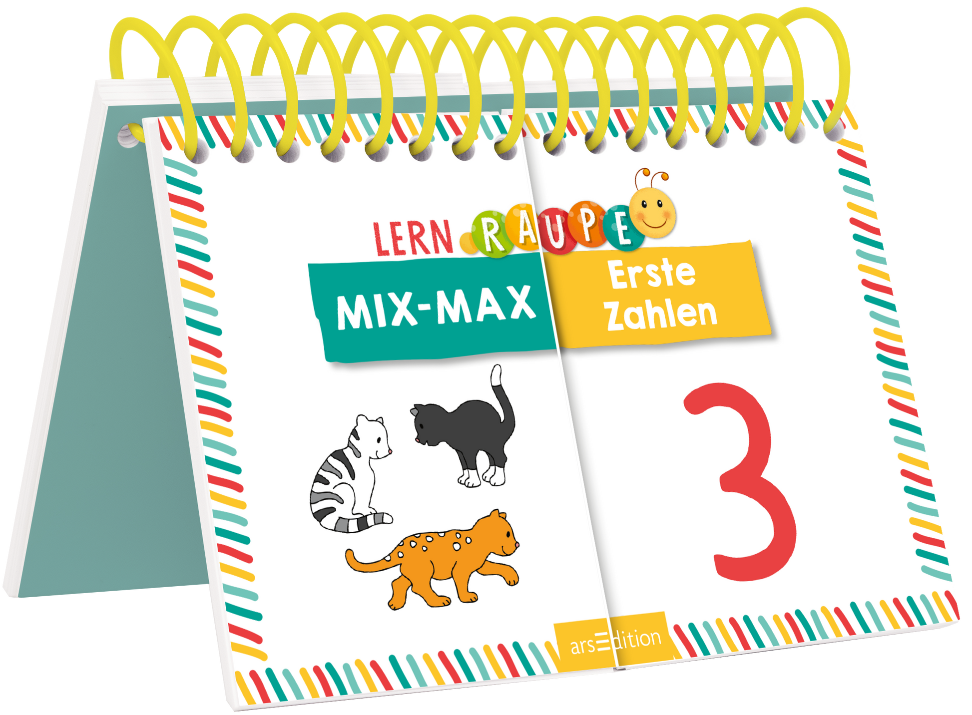Das Buchcover zeigt einen bunten, spiralförmigen Kalender mit einem hellen Hintergrund. In der oberen Hälfte steht in fröhlichen Farben „LEARN RAUPE“ und „MIX-MAX“ in einer verspielten Schrift. Darunter befindet sich der Titel „Erste Zahlen“ in Gelb auf blauem Hintergrund. Drei stilisierte Tierillustrationen – eine Katze, ein Kätzchen und ein Löwenbaby – sind abgebildet. Die große rote Zahl „3“ hebt sich prominent ab. Oben und unten verlaufen farbige Streifen entlang...
