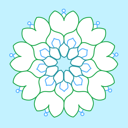 Gezeigt wird eine Innen- oder Zusatzansicht von „Mein erstes Mandala-Malbuch Frühling“. Das Bild zeigt ein symmetrisches Mandala aus weißen und hellblauen Blütenblättern, umgeben von einer feinen grünen Linie. Die zarte Farbpalette und die klaren Linien schaffen eine beruhigende Atmosphäre, die zur kreativen Entfaltung einlädt. Die minimalistischen Elemente fördern die Konzentration und laden dazu ein, das Mandala farbenfroh auszumalen.