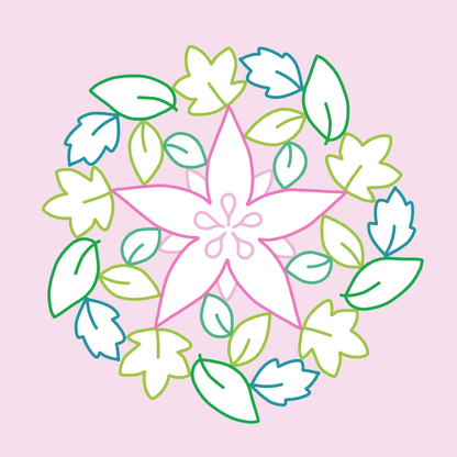 Gezeigt wird eine Innen- oder Zusatzansicht von „Mein erstes Mandala-Malbuch Frühling“. Die Illustration zeigt ein frühlingshaftes Mandala in Pastellfarben auf einem rosafarbenen Hintergrund. Zentral ist eine große, stilisierte Blüte in Hellrosa, umgeben von grünen und blauen Blättern in sanften Linien. Die Typografie ist verspielt und geeignet für Kinder, mit klaren, einladenden Formen, die zur kreativen Entfaltung anregen.