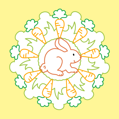Gezeigt wird eine Innen- oder Zusatzansicht von „Mein erstes Mandala-Malbuch Frühling“. Das Bild zeigt ein fröhliches Mandala mit einem weißen, sitzenden Hasen in der Mitte, umgeben von orangefarbenen Karotten und grünen Blättern. Der Hintergrund ist in einem sanften Gelb gehalten. Die Linien sind klar und einfach gestaltet, um die Kreativität der Kinder anzuregen. Die verspielte Typografie ist im fröhlichen Thema des Frühlings gehalten.