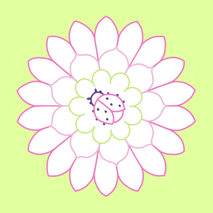 Gezeigt wird eine Innen- oder Zusatzansicht von „Mein erstes Mandala-Malbuch Frühling“. Das Bild zeigt eine große, stilisierte Blume in sanften Rosa- und Grüntönen, umgeben von einer hellgrünen Hintergrundfarbe. Die Blütenblätter sind weiß mit rosa Konturen, und in der Mitte der Blume sitzt ein fröhlicher, roter Marienkäfer. Die einfache, klare Linienführung und das freundliche Farbschema schaffen eine einladende und fröhliche Atmosphäre.