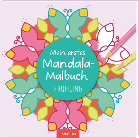 Das Buchcover zeigt ein buntes Mandala, das in kräftigen Farben wie Pink, Grün und Blau gestaltet ist. In der Mitte befindet sich ein großer, runder Schriftzug in Türkis, der den Titel „Mein erstes Mandala-Malbuch“ und darunter „FRÜHLING“ in einer verspielten, weißen Schriftart enthält. Um das Mandala sind verschiedene Blumen- und Blattformen angeordnet, die eine fröhliche und einladende Atmosphäre schaffen. Ganz unten mittig steht der Logoschriftzug von arsEdition.