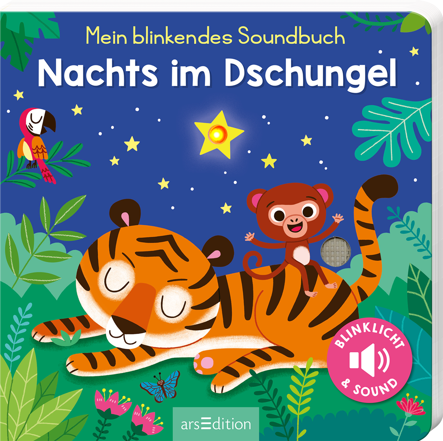 Auf dem Cover des Buches „Nachts im Dschungle“ sind ein liegender Tiger mit gestreiftem Fell und ein verspielter kleiner Affe abgebildet, die in einer bunten, nächtlichen Dschungel-Landschaft dargestellt sind. Der Hintergrund ist in einem tiefen Blau gehalten und wird von leuchtend grünen Blättern sowie bunten Vögeln und einem gelben Stern ergänzt. Der Titel ist in verspielter, weißer Schrift oben auf dem Cover platziert. Ein kleiner, runder Button mit der Aufschrift „BLINKLICHT...