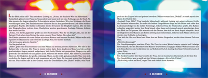 Gezeigt wird eine Innen- oder Zusatzansicht von „Tod mit Talblick“. Die Doppelseite präsentiert einen Hintergrund, der verschwommene Blaulichter der Polizei zeigt. Der Text ist in einer klaren Serifen-Schriftart gesetzt und in gut lesbarer, dunkler Farbe gehalten. Die Seiten sind strukturiert mit Datumshinweisen am unteren Rand.