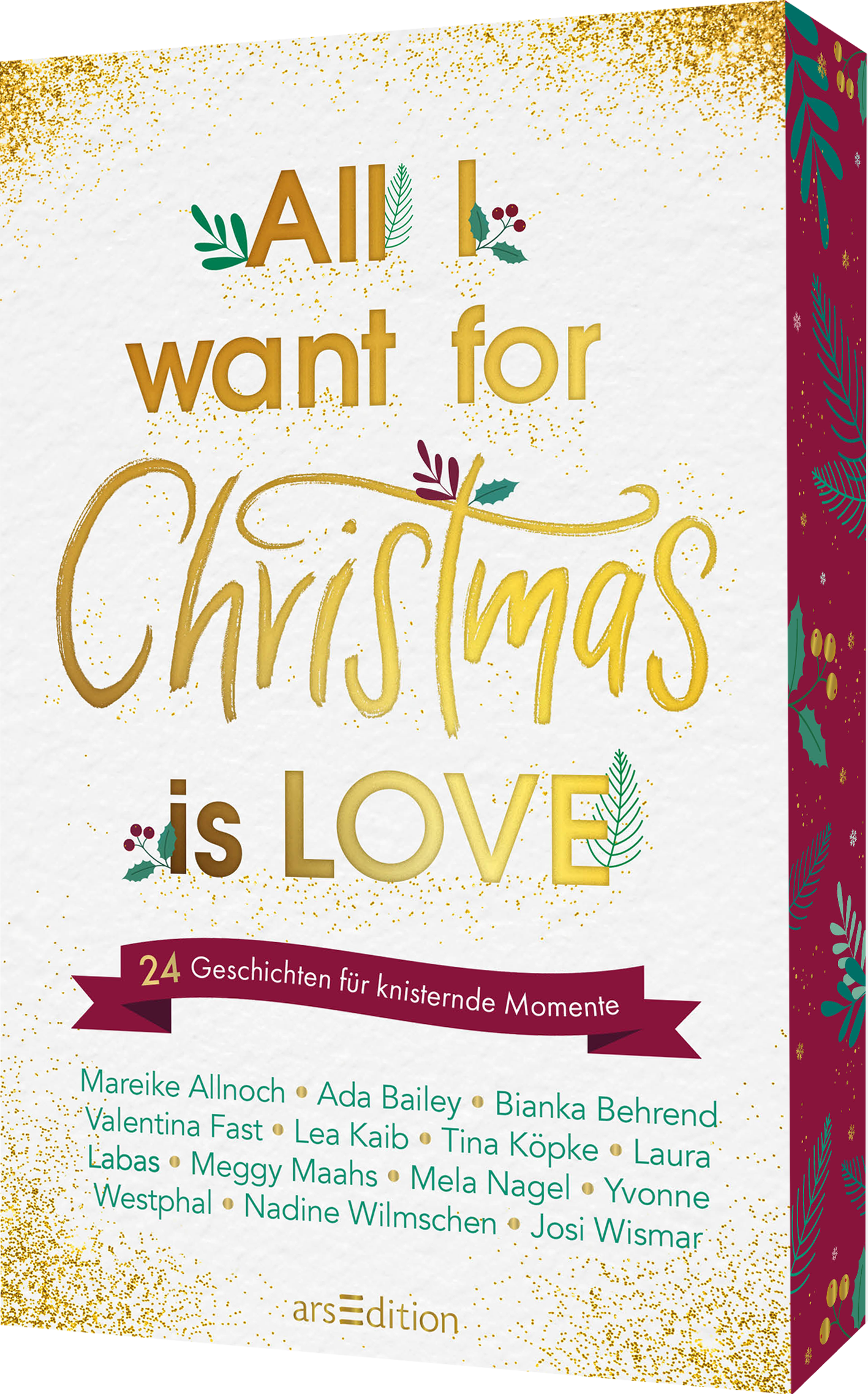 Das Cover von „All I want for Christmas is Love“ hat einen hellen Hintergrund mit goldenen Sprenkeln. Der Titel ist in einer Kombination aus gedruckter und geschwungener goldener Schrift gestaltet. Diese ist mit kleinen weihnachtlichen Verzierungen wie grünen Zweigen und roten Beeren umrandet. Darunter befindet sich ein rotes Banner mit der Aufschrift „24 Geschichten für knisternde Momente“. Am unteren Rand stehen die Namen der beteiligten Autorinnen. Ganz unten mittig steht der...