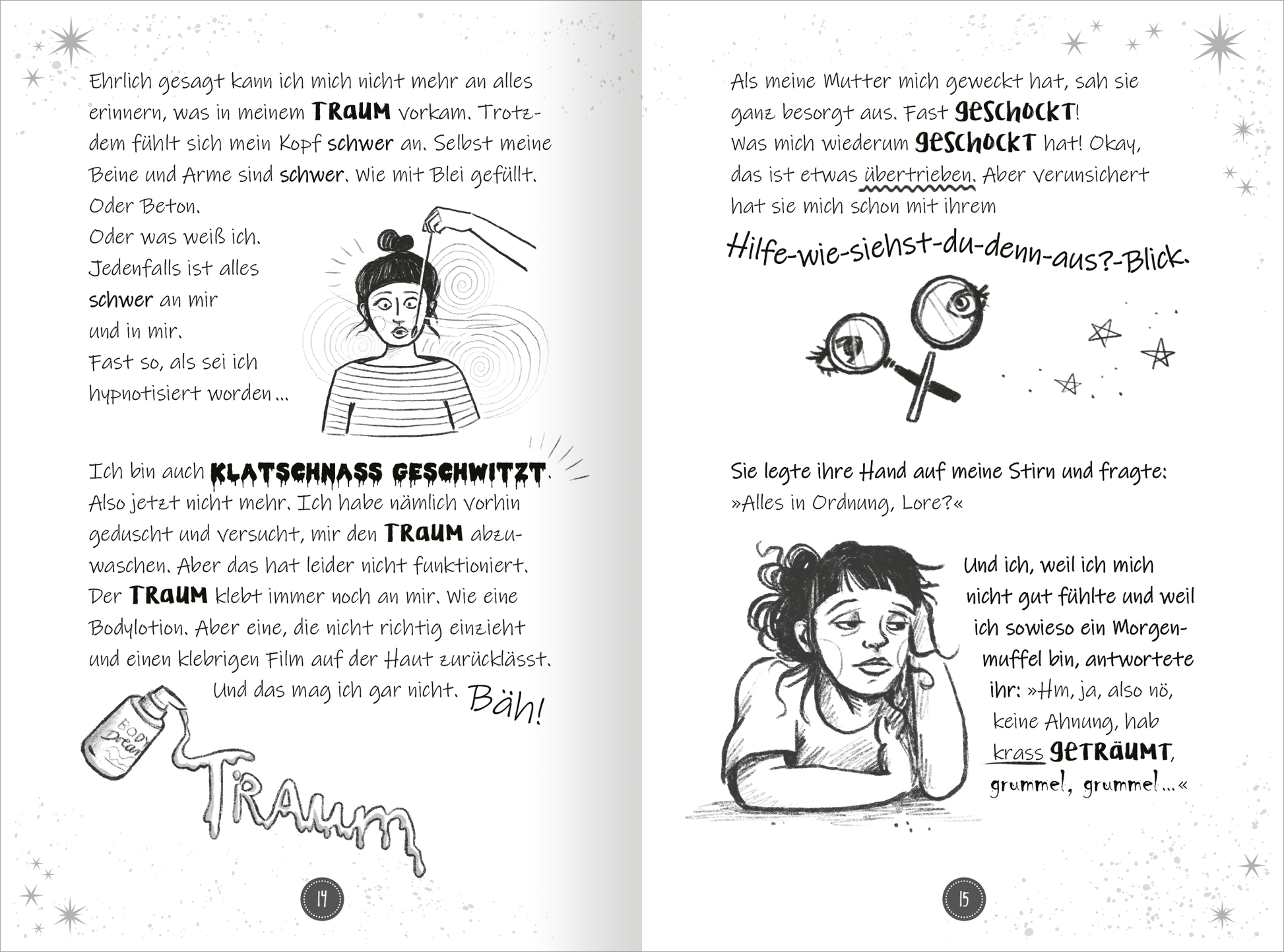 Gezeigt wird eine Innen- oder Zusatzansicht von „PS: Du bist ein Traum!“. Die Seite enthält schwarz-weiße Illustrationen, die müde Figuren mit verwirrtem Gesichtsausdruck zeigen. Die Texte sind in klarer, handschriftlicher Typografie gehalten, wobei wichtige Wörter wie „Traum“ und „Schock“ hervorgehoben sind. Der Hintergrund wird von zarten, sternenförmigen Ornamenten begleitet.