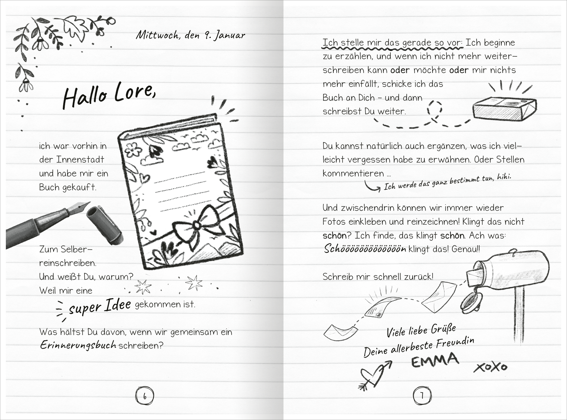 Gezeigt wird eine Innen- oder Zusatzansicht von „PS: Du bist ein Geschenk!“. Die Seite zeigt ein eingeklebtes Foto. Die Illustration ist in Schwarz-Weiß gehalten und wird von handschriftlichen Texten in verschiedenen Schriftarten begleitet. Auffällig sind die Ausrufe mit großen Buchstaben. Neben dem Foto sind auch kleine grafische Elemente wie Geschenke und Kleidung abgebildet.