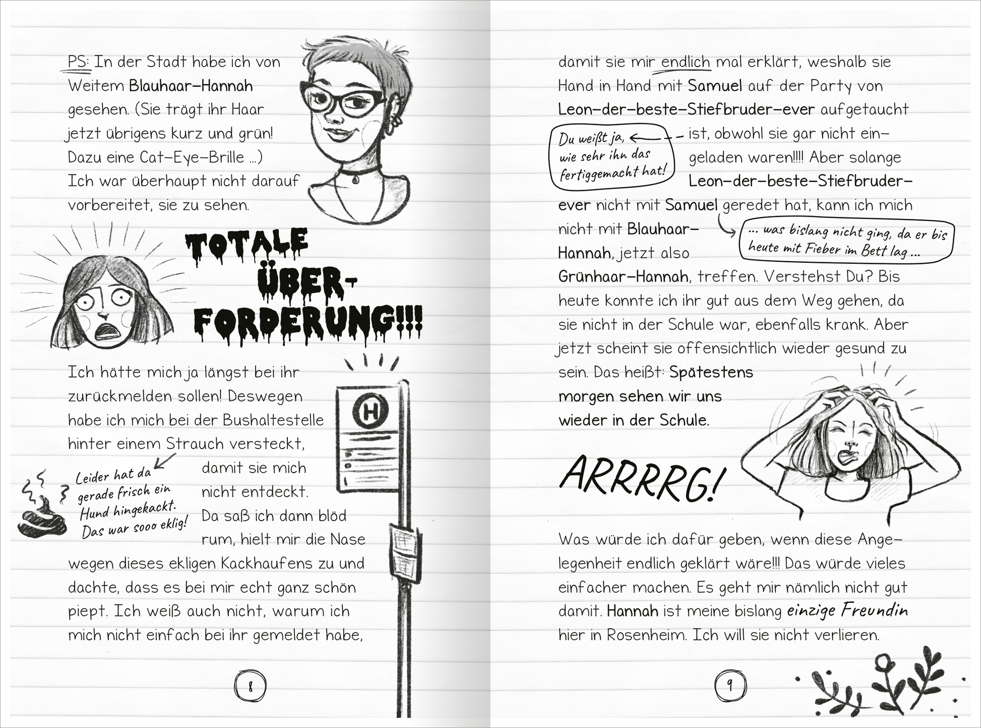 Gezeigt wird eine Innen- oder Zusatzansicht von „PS: Du bist ein Geschenk!“. Die Seiten zeigen handgezeichnete Illustrationen und skizzierte Charaktere in Schwarz-Weiß. Auf der linken Seite befindet sich eine Sprechblase mit dem Text „TOTALE ÜBER-FORDERUNG!!!“ in einer markanten, großen Schrift. Die Schriftart ist verspielt und dynamisch. Auf der rechten Seite zeigt eine Figur mit erhobenen Händen ein Gefühl der Verzweiflung, umgeben von informellen Notizen und Dialogen. Die...
