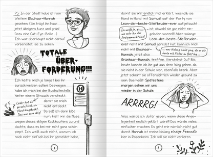Gezeigt wird eine Innen- oder Zusatzansicht von „PS: Du bist ein Geschenk!“. Die Seiten zeigen handgezeichnete Illustrationen und skizzierte Charaktere in Schwarz-Weiß. Auf der linken Seite befindet sich eine Sprechblase mit dem Text „TOTALE ÜBER-FORDERUNG!!!“ in einer markanten, großen Schrift. Die Schriftart ist verspielt und dynamisch. Auf der rechten Seite zeigt eine Figur mit erhobenen Händen ein Gefühl der Verzweiflung, umgeben von informellen Notizen und Dialogen. Die...
