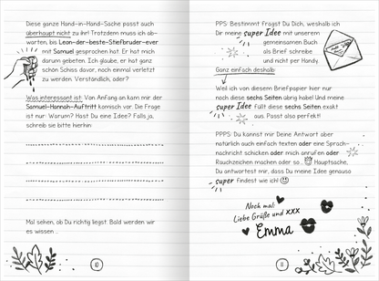 Gezeigt wird eine Innen- oder Zusatzansicht von „PS: Du bist ein Geschenk!“. Die Doppelseite enthält handschriftliche Notizen auf kariertem Hintergrund, überwiegend in Schwarz. Textabschnitte sind deutlich voneinander getrennt, die Zeilen sind gleichmäßig und gut lesbar. Verspielt illustrierte Elemente wie kleine Zeichnungen von Blättern, einem Briefumschlag und stilisierten Sternen ergänzen die Seite. Die Farbgestaltung ist minimalistisch, mit einem Fokus auf Weiß für den...