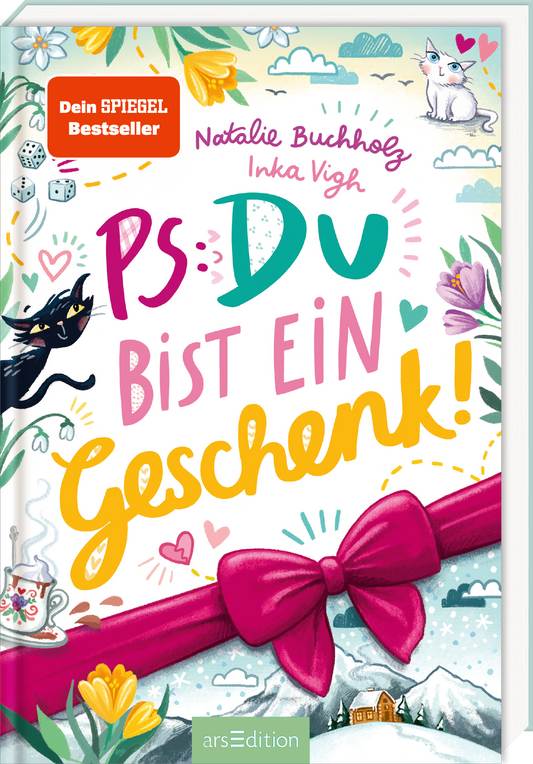 Das Buchcover zeigt eine lebendige und bunte Gestaltung. Der Titel „Ps: Du bist ein Geschenk!“ ist in großen, verspielten Lettern in Türkis und Pink gehalten. Umrahmt wird der Text von floralen Elementen und Illustrationen von einem verspielten schwarzen Kater und einer weißen Katze. In der oberen linken Ecke prangt ein orangefarbener Button mit dem Text „Dein SPIEGEL Bestseller“. Ganz unten mittig steht der Logoschriftzug von arsEdition.