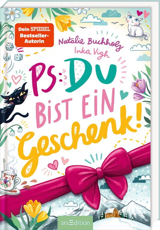 Das Cover von „PS: Du bist ein Geschenk!“ von Natalie Buchholz und Inka Vigh ist bunt und verspielt gestaltet. Der Titel steht mittig in großer, handgeschriebener Schrift in unterschiedlichen Farben. Eine große, pinke Schleife verläuft quer über das Cover. Rund um den Text befinden sich Illustrationen von Blumen, Herzen, Würfeln, einer dampfenden Tasse und einer verschneiten Hütte. Oben links befindet sich ein rotes Label mit der Aufschrift „Dein SPIEGEL Bestseller-Autorin“. Ganz...