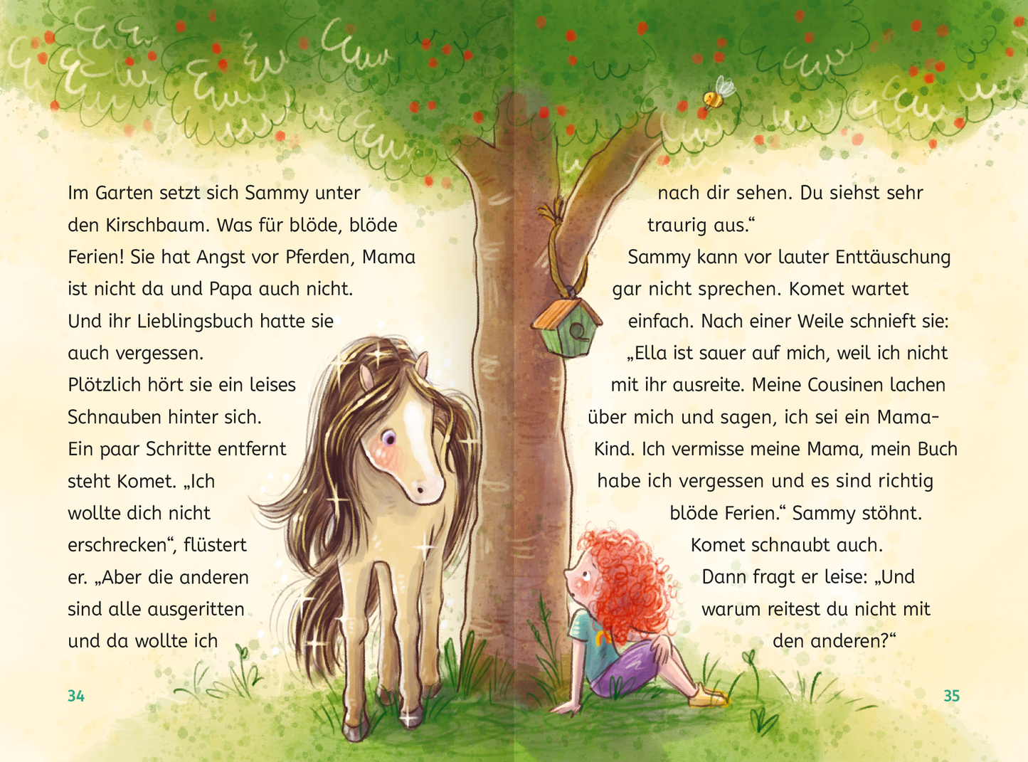 Gezeigt wird eine Innenansicht von „Zauberponys“. Die Illustration zeigt ein Kind mit roten, lockigen Haaren, das unter einem Kirschbaum sitzt, während ein Pony mit einer fließenden, braunen Mähne daneben steht. Die Farben sind sanft und pastellig, mit verschiedenen Grüntönen des Gartens und einem hellblauen Himmel. Die Schrift ist in einer freundlichen, leserlichen Typografie gehalten, die den Text in versale und verschnörkelte Elemente unterteilt, was das Kindermotiv unterstreicht.