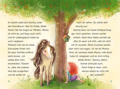 Gezeigt wird eine Innenansicht von „Zauberponys“. Die Illustration zeigt ein Kind mit roten, lockigen Haaren, das unter einem Kirschbaum sitzt, während ein Pony mit einer fließenden, braunen Mähne daneben steht. Die Farben sind sanft und pastellig, mit verschiedenen Grüntönen des Gartens und einem hellblauen Himmel. Die Schrift ist in einer freundlichen, leserlichen Typografie gehalten, die den Text in versale und verschnörkelte Elemente unterteilt, was das Kindermotiv unterstreicht.