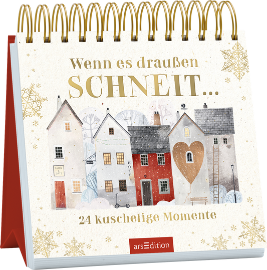 Das Buchcover zeigt eine winterliche Szenerie mit fünf liebevoll illustrierten, farbigen Häusern. Die Farben reichen von sanften Pastelltönen bis hin zu einem warmen Rot und einem Herzen an einem der Gebäude. Oben mittig steht in goldener Schrift der Titel „Wenn es draußen SCHNEIT...“. Darunter ist der Untertitel „24 kuschelige Momente“ in einer klaren, modernen Schriftart. Der Hintergrund ist mit kleinen, weißen Schneeflocken verziert, die eine gemütliche Atmosphäre schaffen....