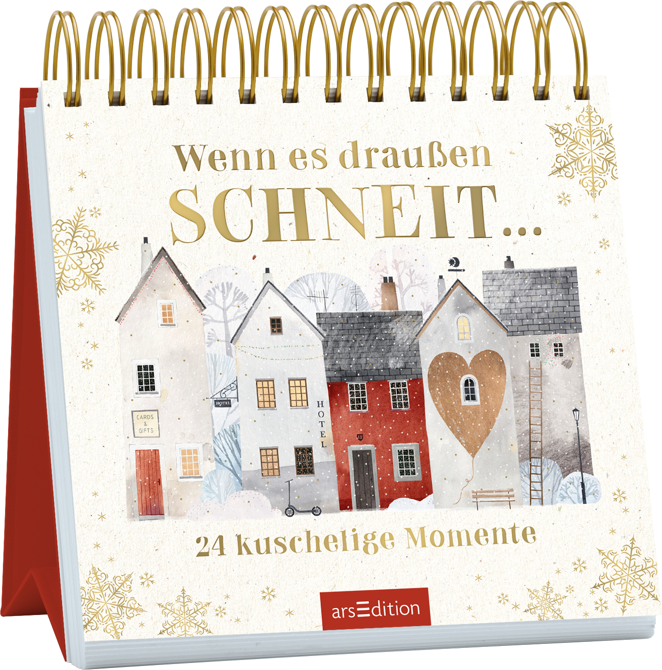 Das Buchcover zeigt eine winterliche Szenerie mit fünf liebevoll illustrierten, farbigen Häusern. Die Farben reichen von sanften Pastelltönen bis hin zu einem warmen Rot und einem Herzen an einem der Gebäude. Oben mittig steht in goldener Schrift der Titel „Wenn es draußen SCHNEIT...“. Darunter ist der Untertitel „24 kuschelige Momente“ in einer klaren, modernen Schriftart. Der Hintergrund ist mit kleinen, weißen Schneeflocken verziert, die eine gemütliche Atmosphäre schaffen....