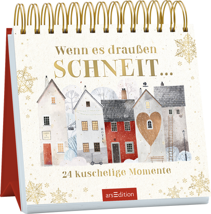 Das Buchcover zeigt eine winterliche Szenerie mit fünf liebevoll illustrierten, farbigen Häusern. Die Farben reichen von sanften Pastelltönen bis hin zu einem warmen Rot und einem Herzen an einem der Gebäude. Oben mittig steht in goldener Schrift der Titel „Wenn es draußen SCHNEIT...“. Darunter ist der Untertitel „24 kuschelige Momente“ in einer klaren, modernen Schriftart. Der Hintergrund ist mit kleinen, weißen Schneeflocken verziert, die eine gemütliche Atmosphäre schaffen....