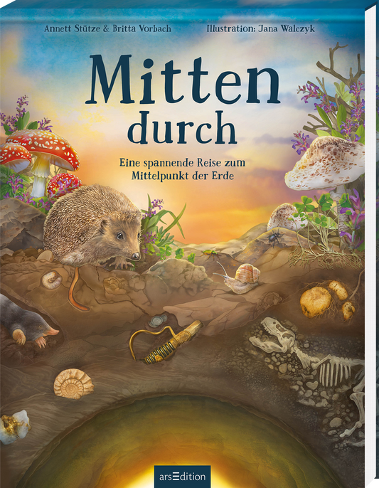 Das Buchcover zeigt einen farbenfrohen, illustrativen Stil, der eine spannende Reise zum Mittelpunkt der Erde thematisiert. Im Vordergrund befindet sich ein Igel, umgeben von Pilzen und Blumen. Im Erdreich sieht man Kartoffeln, einen Maulwurf, ein altes Schwert und ein Dino-Skelett. Der Titel „Mitten durch“ ist in großen Buchstaben gestaltet und hebt sich durch seine dunkle Farbe vom hellen Hintergrund ab. Ganz oben werden die Urheberinnen erwähnt. Ganz unten mittig steht der...