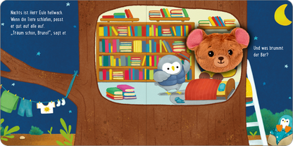Gezeigt wird eine Innen- oder Zusatzansicht von „Meine sprechende Fingerpuppe: Was sagt der Bär?“. Auf der bunten Illustration ist eine Bücherwand mit bunten Buchrücken in verschiedenen Farben zu sehen. Links sitzt eine graue Eule, die mit einem aufmerksamen Blick die Szene beobachtet. Rechts steht eine ockerfarbene Bärenfigur mit rosa Ohren, die auf einem roten Kissen sitzt. Der Hintergrund ist in warmen Brauntönen gehalten, während der Himmel nachts in Dunkelblau erscheint, ergänzt...
