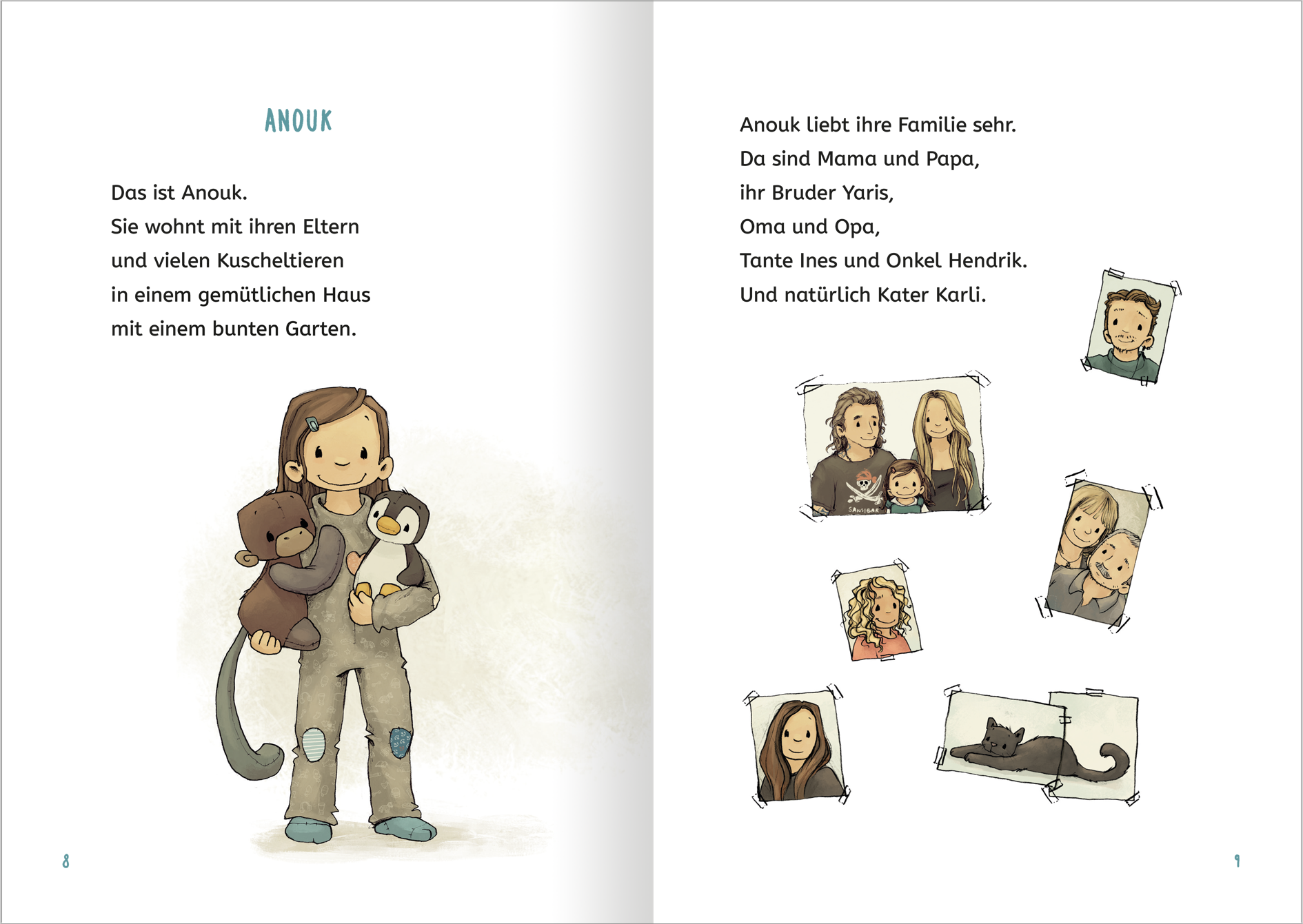 Gezeigt wird eine Innenansicht von „Anouk und das Piraten-ABC“. Auf der linken Seite steht die Illustration von Anouk, einem Mädchen mit braunen Haaren, das einen Pinguin und einen Stoffaffen hält. Sie trägt einen grauen Overall. Die rechte Seite zeigt den Text in klarer, moderner Typografie, der die Familie von Anouk beschreibt. Die Farben sind überwiegend sanft und vielfältig, mit einem hellen Hintergrund, der die freundliche, einladende Atmosphäre des Buches unterstreicht.