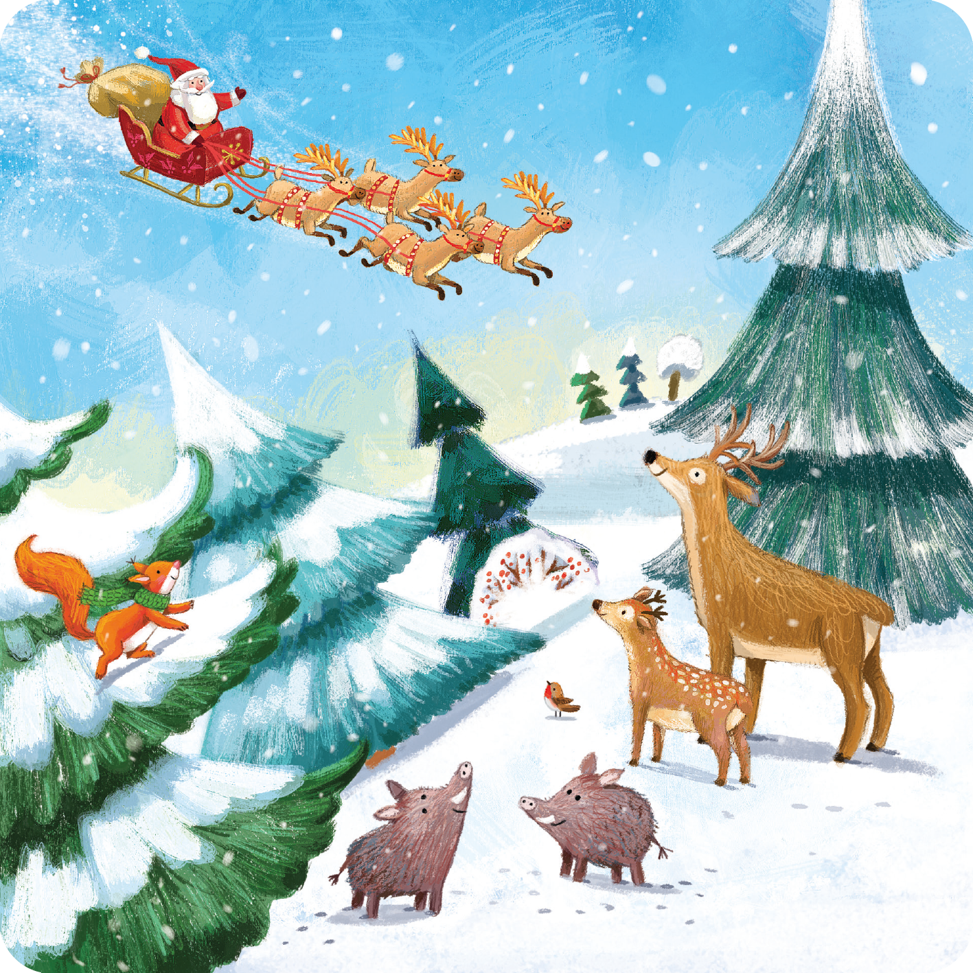 Gezeigt wird eine Innen- oder Zusatzansicht von „Mein erster Adventskalender“. Die Illustration zeigt eine winterliche Szene mit schneebedeckten Tannenbäumen und einem strahlend blauen Himmel. Im Vordergrund sind ein Reh, ein Hirsch, zwei Wildschweine und ein Eichhörnchen abgebildet, die den Weihnachtsmann beobachten, der mit seinem Schlitten über die Landschaft fliegt. Die Farben sind kräftig und festlich, hauptsächlich in Rot, Grün und Weiß, ergänzt durch freundliche,...