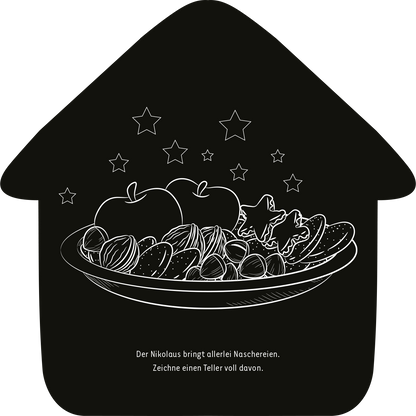 Gezeigt wird eine Innen- oder Zusatzansicht von „Mein Kritzkratz-Adventskalender“. Die Illustration zeigt eine große, ovale Schale mit verschiedenen Naschereien, darunter Äpfel, Nüsse und Plätzchen in Form von Sternen. Die Schale ist vor einem schlichten, schwarzen Hintergrund platziert. Über der Schale leuchten mehrere kleine, weiße Sterne. In der unteren Bildmitte steht der Text „Der Nikolaus bringt allerlei Naschereien. Zeichne einen Teller voll davon.“ in klarer, weißer...