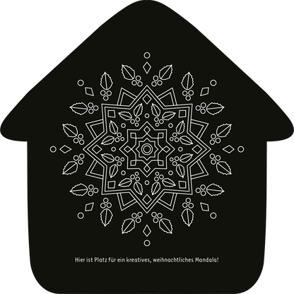 Gezeigt wird eine Innen- oder Zusatzansicht von „Mein Kritzkratz-Adventskalender“. Der Hintergrund ist in kräftigem Schwarz gehalten, während ein filigranes, weißes Mandala im Mittelpunkt steht. Rund um das Mandala befinden sich dekorative Elemente wie Blätter und geometrische Formen. Am unteren Rand steht in klarer, gut lesbarer Schrift der Satz: „Hier ist Platz für ein kreatives, weihnachtliches Mandala!“. Die Gesamtgestaltung vermittelt eine festliche und kreative Atmosphäre.