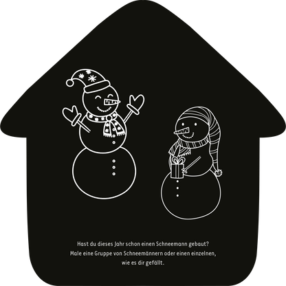 Gezeigt wird eine Innen- oder Zusatzansicht von „Mein Kritzkratz-Adventskalender“. Die Grafik präsentiert zwei Schneemänner auf schwarzem Hintergrund. Der erste trägt einen Weihnachtsmannhut und hat eine fröhliche Pose. Der zweite, mit einer Geschenkbox in den Händen, hat eine Mütze auf. Darunter steht der Text: „Hast du dieses Jahr schon einen Schneemann gebaut? Male eine Gruppe von Schneemännern oder einen einzelnen, wie es dir gefällt.“ Die Schrift ist klar und gefällig,...