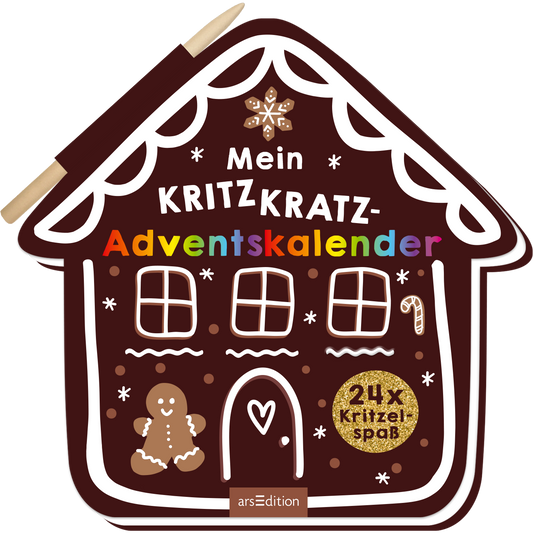 Das Buchcover zeigt ein dreidimensional gestaltetes Lebkuchenhaus auf braunem Hintergrund. Der Titel „Mein KRITZKRATZ-ADVENTSKALENDER“ ist in bunten Buchstaben im oberen Bereich platziert. Unter dem Fenster sind ein lächelnder Lebkuchenmann und ein Zuckerstängel abgebildet. Rechts befindet sich der Hinweis „24x Kritzelspaß“ in Goldfolie. Ganz unten mittig steht der Logoschriftzug von arsEdition.