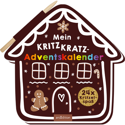 Das Buchcover zeigt ein dreidimensional gestaltetes Lebkuchenhaus auf braunem Hintergrund. Der Titel „Mein KRITZKRATZ-ADVENTSKALENDER“ ist in bunten Buchstaben im oberen Bereich platziert. Unter dem Fenster sind ein lächelnder Lebkuchenmann und ein Zuckerstängel abgebildet. Rechts befindet sich der Hinweis „24x Kritzelspaß“ in Goldfolie. Ganz unten mittig steht der Logoschriftzug von arsEdition.
