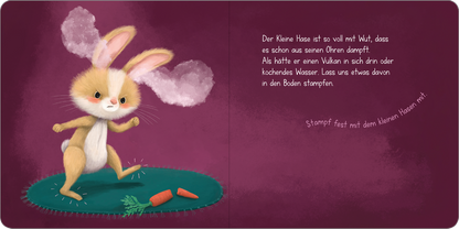 Gezeigt wird eine Innen- oder Zusatzansicht von „Kleiner Hase, große Wut!“. Die Illustration zeigt einen niedlichen, braun-weißen Hasen mit großen Ohren, der auf einem grünen Teppich steht. Um ihn herum liegen einige Karotten. Der Hintergrund ist in einem sanften Lila gehalten. Der Text ist in klarer, moderner Schriftart ausgeführt und ergänzt die lebendige Szene, die die Wut des kleinen Hasen zum Ausdruck bringt.