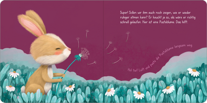 Gezeigt wird eine Innen- oder Zusatzansicht von „Kleiner Hase, große Wut!“. Die Illustration zeigt einen niedlichen, braunen Hasen, der konzentriert an einem Löwenzahn pustet. Der Hintergrund ist in sanften lila und grünen Tönen gehalten, während im Vordergrund helle, weiße Margeriten in einem grünen Wiesenfeld blühen. Die Schrift ist in einer verspielten, gut lesbaren Typografie gehalten und hebt die Gedanken des Hasen hervor.