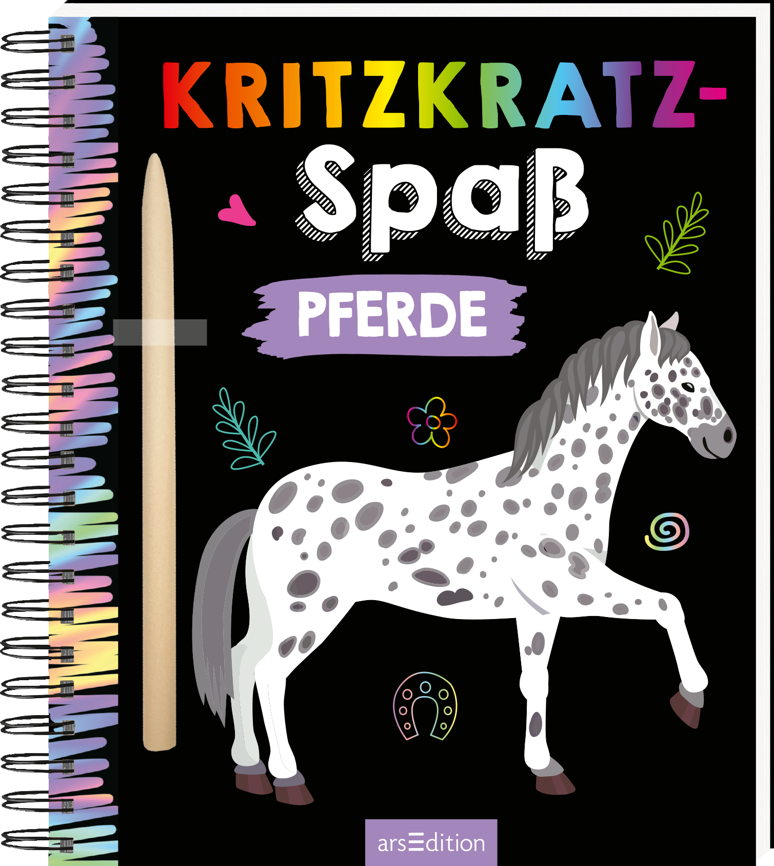 Das Buchcover zeigt ein buntes, kinderfreundliches Design auf schwarzem Hintergrund. Oben steht in großen, bunten Buchstaben „Kritzkratz-Spaß“, gefolgt von „PFERDE“ in lila. Am linken Rand befindet sich ein grauer Buntstift. Im Vordergrund sieht man ein fröhliches, geschecktes Pferd, umgeben von kleinen, bunten Verzierungen. Ein „SPIEGEL Bestseller“-Button ist ebenfalls zu erkennen. Ganz unten mittig steht der Logoschriftzug von arsEdition.